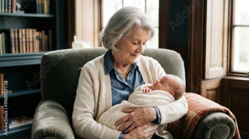 Loving Grandmother Tenderly Holds Newborn Baby, Cherishing Precious Family Moments Indoors