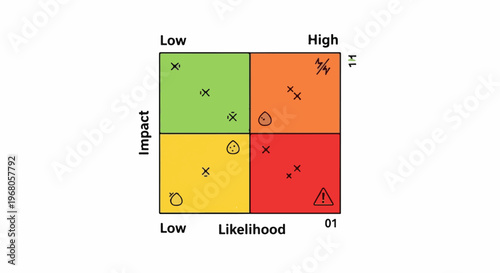Risk matrix with colored quadrants and various symbols representing threats