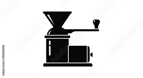 A minimalist black silhouette depicts a vintage manual coffee grinder showcasing its classic design high quality