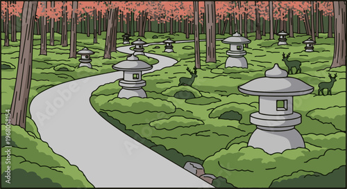 Serene forest path lined with stone lanterns and roaming deer under trees