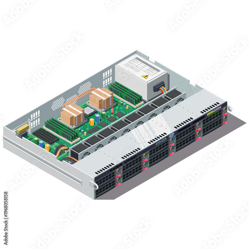 Server Rack Hardware Chassis Front View with Motherboard Components