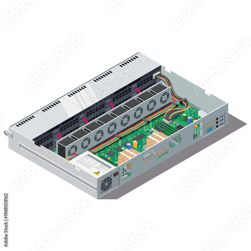 Isometric Open Server Chassis Isolated on Transparent Background