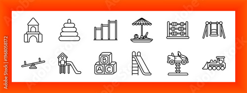Playground equipment set icon. Castle toy, stacking rings, climbing bars, sandbox umbrella, abacus toy, swing set, seesaw board, slide structure, alphabet blocks, ladder slide