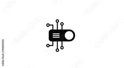 Stylized microchip or electronic component icon with circuit board elements.