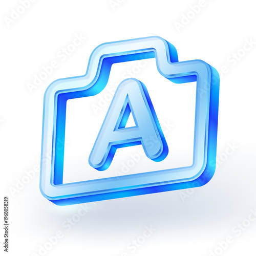3D blue glass camera icon with letter A representing automatic mode. Modern glossy design for photography apps, UI, and digital technology concepts. Vector illustration.