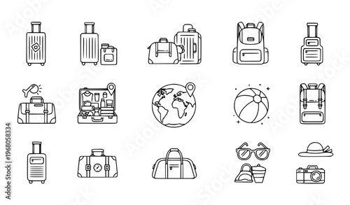 “Linear travel bag icon set with suitcases, backpacks, and luggage for trip, vacation, and journey vector design”