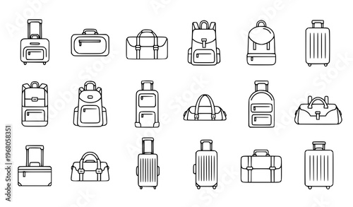 “Travel bag and luggage line icon set including suitcases, backpacks, and carry-on bags vector illustrations”