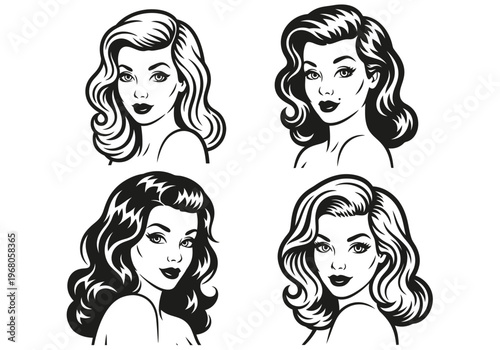 Set of Vintage Retro Woman Portraits in Classic Pin-Up Style, Elegant Black and White Vector Illustrations for Salon and Fashion Design