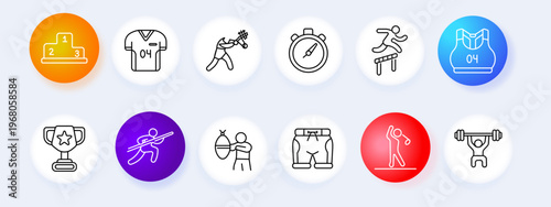Sport training set icon. Podium jersey tennis stopwatch hurdle uniform trophy ski boxing shorts fitness weightlifting line icons minimal outline style activity collection.