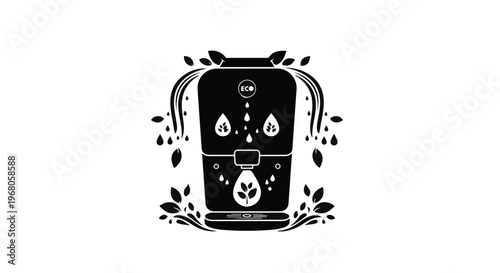 Water purification device illustration with flowing water and leaves.