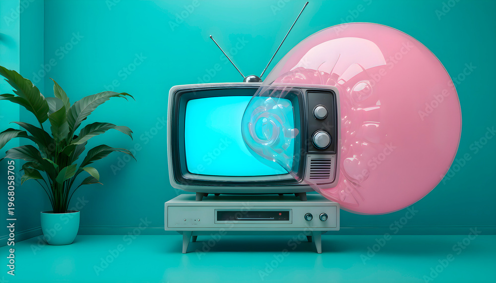 Obraz premium Small television with pink balloon on top of it, vintage retro media equipment with creative festive decoration in modern room