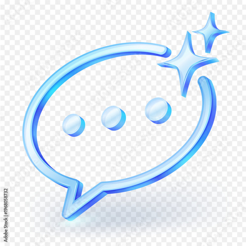 AI chat interaction icon featuring blue glass speech bubble with sparkles. Ideal for messaging apps, virtual assistants, customer support and digital communication concepts. vector illustration.