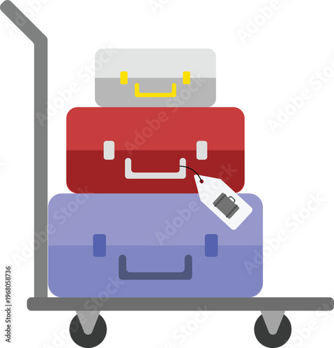 Flat vector illustration of a luggage trolley with stacked suitcases and a travel tag. Perfect for themes involving travel, tourism, vacation planning, airport logistics, and hotel services.