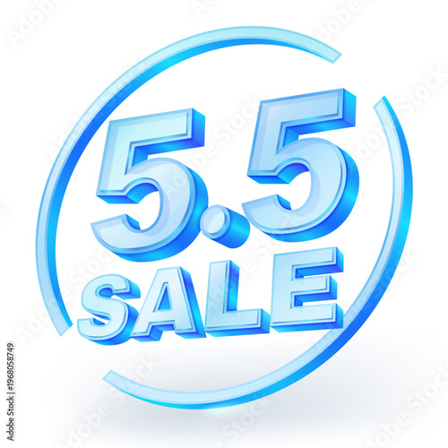 3D blue glass "5.5 SALE" text with circular frame. Perfect for May 5th flash sales, e-commerce banners, and online shopping promotional marketing materials. Vector illustration.