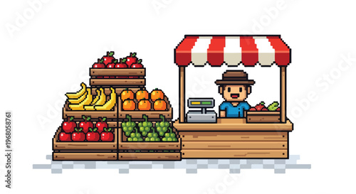 A pixel art fruit stall featuring a vendor behind a counter with a cash register, surrounded by crates of apples, bananas, oranges, and grapes.