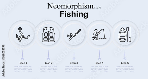 Fishing activity set icon. Hook bait worm, fishing vest pockets, spinning rod reel, angler catching fish, boat with paddles, outdoor recreation, river lake sport, hobby equipment.