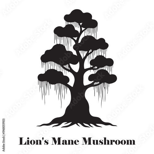 Minimalist Lion's Mane mushroom bonsai tree silhouette, medicinal fungi graphic design for holistic health and stylized shaggy mane mushroom tree illustration.