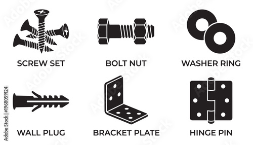 Set of construction hardware vector illustration screws bolts washers wall plugs