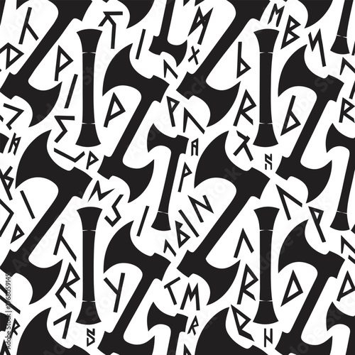 Seamless Pattern with Double-Headed Axes and Runic Symbols, Black and White Vector Illustration for Viking Theme Apparel and Fantasy Game Backgrounds