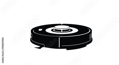 A minimalist black and white illustration depicts a circular robotic vacuum cleaner high quality professional detailed