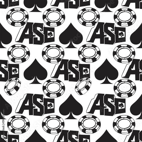 Seamless Gambling Pattern with Poker Chips and Aces, Minimalist Black and White Vector Background for Casino Branding, Betting Apps, and Poker Night Invitations