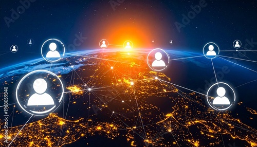 Global Earth sunrise with digital network nodes and connections