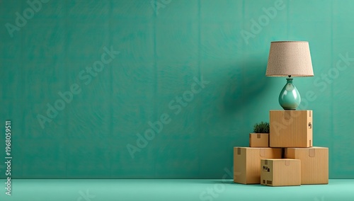 Lamp on boxes against a teal wall. Moving, home decor, minimal scene