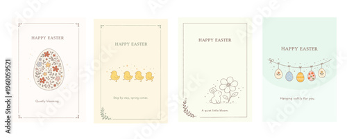 イースターカードセット（卵・ひよこ・ガーランド・うさぎの春デザイン）、Easter Card Set with Eggs, Chicks, Garland and Bunny Spring Design
