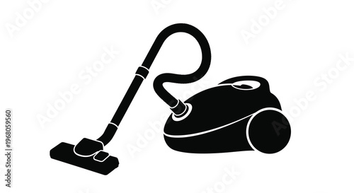 A black and white silhouette depicts a classic canister vacuum cleaner with a long hose