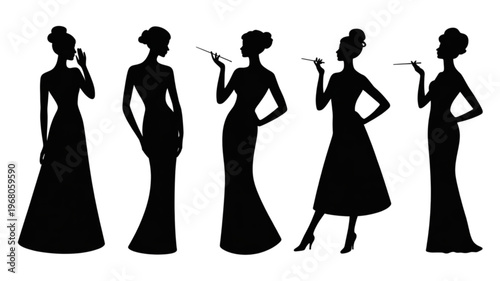 Five elegant silhouettes of women in vintage evening gowns with long trains Vector