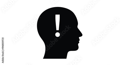 A stark silhouette of a human head features a prominent exclamation mark within high quality professional