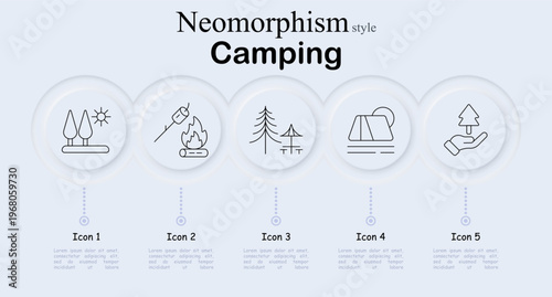 Camping concept icon set in neumorphism style. Line icons showing trees and sun landscape, campfire with roasting stick, forest with tent, camping tent at sunset, and hand holding tree