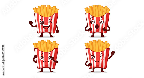 Set of Four Adorable French Fry Characters with Expressive Faces and Diverse Poses, Including Winking, Surprised, Sad, and Waving