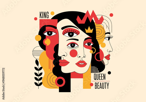 Abstract Cubist Style Female Portrait Illustration with Geometric Shapes, Overlapping Faces, and Royalty Theme Symbols for Modern Art and Interior Decor
