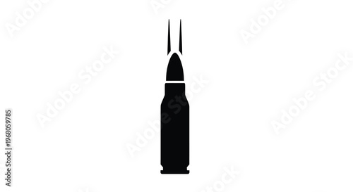 A stark black silhouette depicts a single bullet cartridge against a plain white background high quality