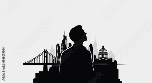 Silhouette of a person against a cityscape with a bridge and domed building