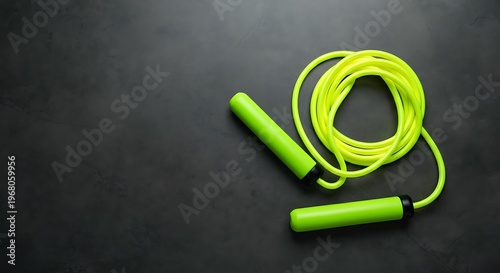 skipping rope neon yellow coiled on a dark grey concrete floor top view negative space