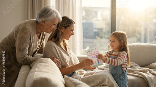 Multi-Generational Family Celebrating Mother's Day with Handmade Card