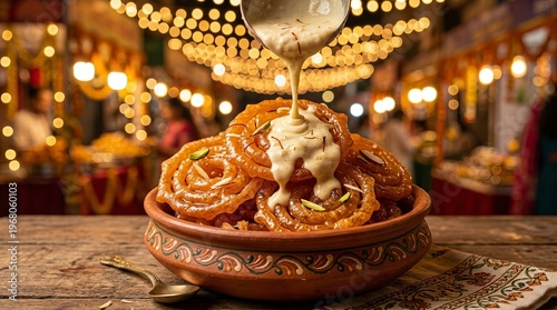 Sweet, syrupy jalebi dessert drizzled with creamy sauce in a festive setting