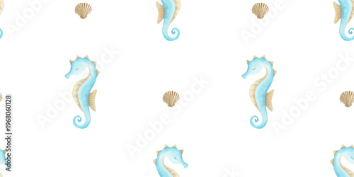 Seahorse and scallop seashell watercolor hand drawn kids seamless pattern. Baby sea background with marine underwater dweller. Children undersea print of ocean animals for fabric, bedding, linen. 