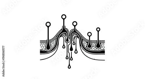 Abstract layered structure illustration depicts an intricate black and white design resembling human skin pores or a complex circuit board, with various elements emerging from its surface, suitable.