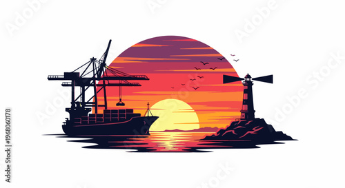 Silhouette of a cargo ship and lighthouse against a vibrant sunset