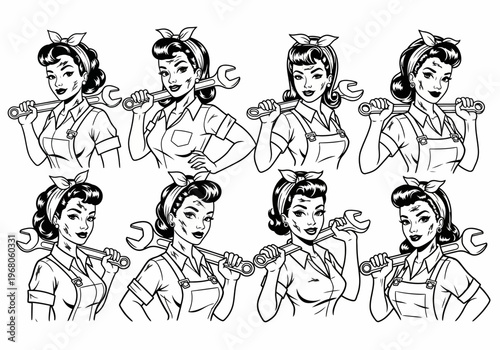Set of Vintage Female Mechanic Illustrations, Retro Pin-up Style Woman with Wrench, Rosie the Riveter Inspired Worker Character, Hand Drawn Vector Line Art Graphics