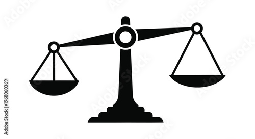 A simple black and white illustration depicts a classic balance scale symbolizing justice and equality