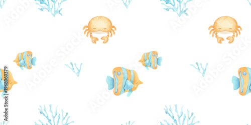 Reef fish, corals and crabs watercolor hand drawn kids seamless pattern. Baby background with marine underwater inhabitant. Children undersea print of ocean animals for fabric, bedding, linen. 