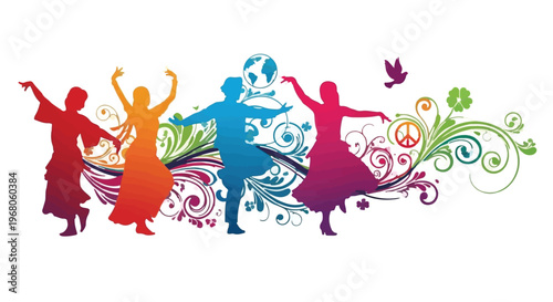 Colorful silhouettes of diverse people dancing together with global symbols like a dove and peace signs represent unity and cultural celebration.