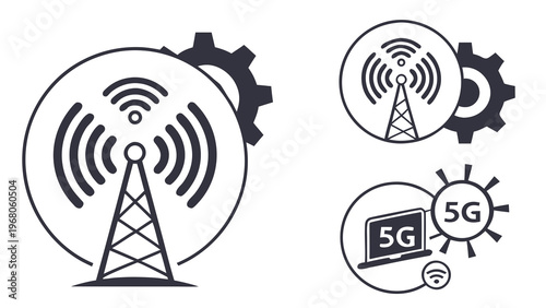 Vector illustration of the 5G, 4G network. Modern communications, high-speed Internet. Abstract waves and a signal. Digital communications, telecommunications, and innovation.