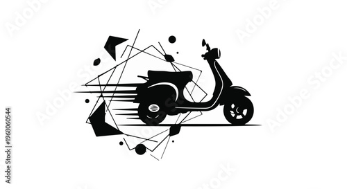 Scooter silhouette with dynamic speed lines and geometric shapes illustrates rapid urban delivery or fast travel through a bustling city.