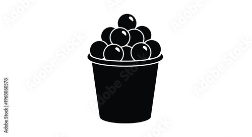 A black and white illustration depicts a small bucket overflowing with numerous round dark objects