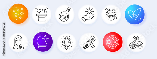 Magic objects set icon. Sparkles hat potion hand doll rocket mask ball crystal scroll symbol swirl line icons minimal outline style mystical fantasy collection.
